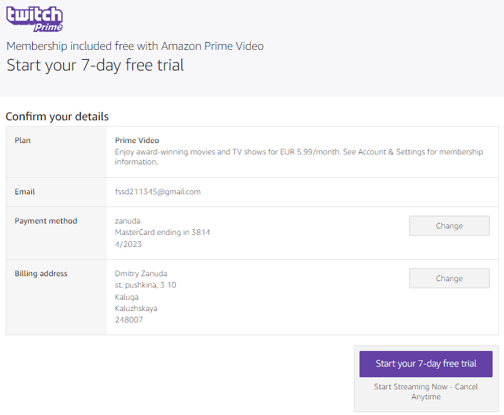 Start 7-day free trial Twitch Prime